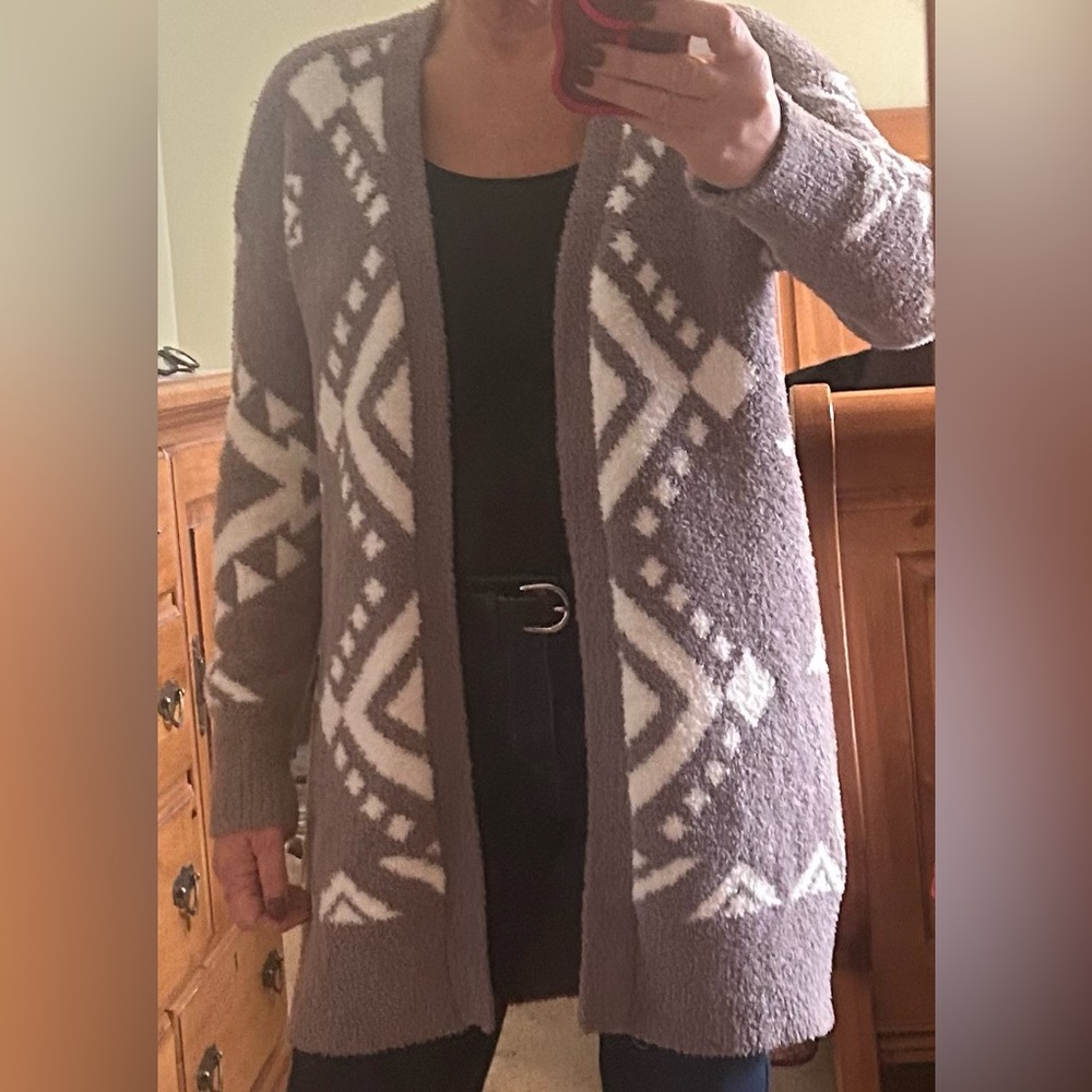 Ruby Moon Cardigan Sweater Taupe & Cream With Geometric Design